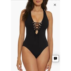 NWT BECCA Modern Edge Ribbed Lace Up Plunge Swimsuit Size Medium